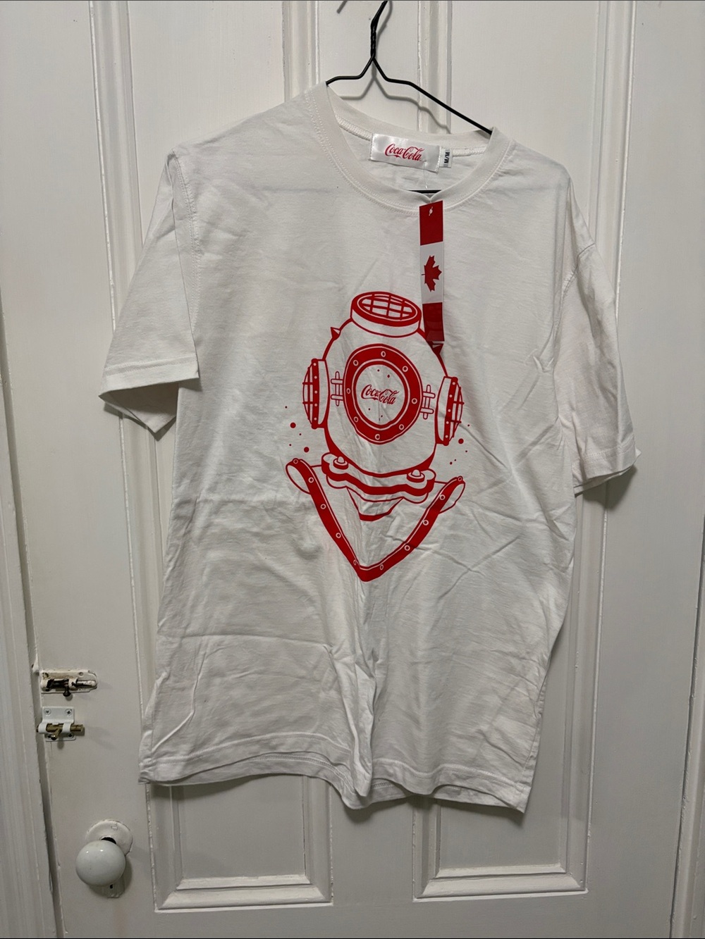 Coca Cola White Tee with Red Diving Helmet Graphic